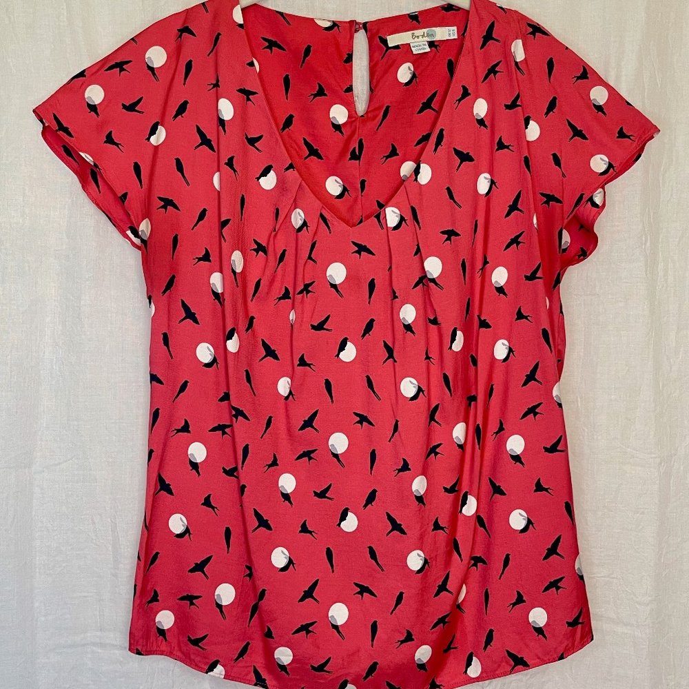 Boden Ravello Women's Silk Blend V-neck Bird and Moon Blouse, Size 8